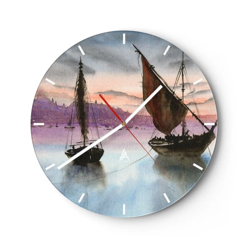 Nástěnné hodiny - Plachetnice na vodě při západu slunce - 30x30cm - Večer v přístavu - Moderní nástěnná dekorace do obývacího pokoje, kuchyně a ložnice ARTTOR