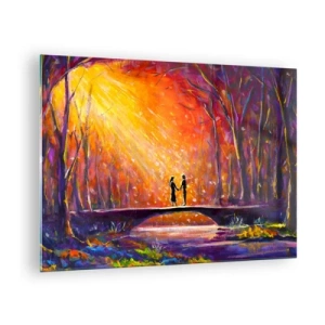 Obraz na skle - Pár na mostě ve světle zapadajícího slunce, obklopený stromy. - 70x50cm - Nebe je taky miluje - Moderní nástěnná dekorace do obývacího pokoje a ložnice ARTTOR