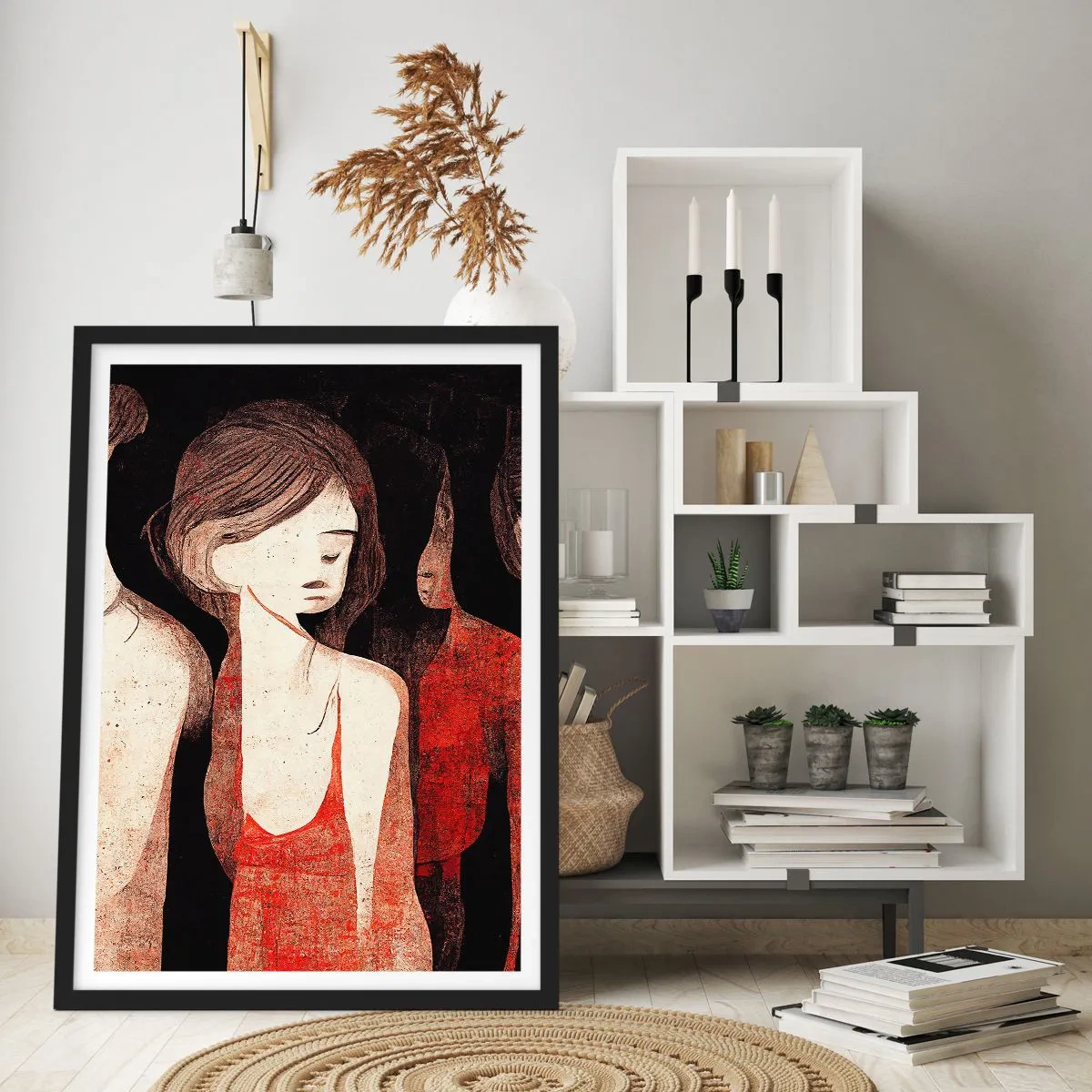 Plakát v černém rámu - Abstraktní ilustrace postavy v červené a černé barvě - 50x70cm - Madony z temnoty - Moderní nástěnná dekorace do obývacího pokoje a ložnice ARTTOR