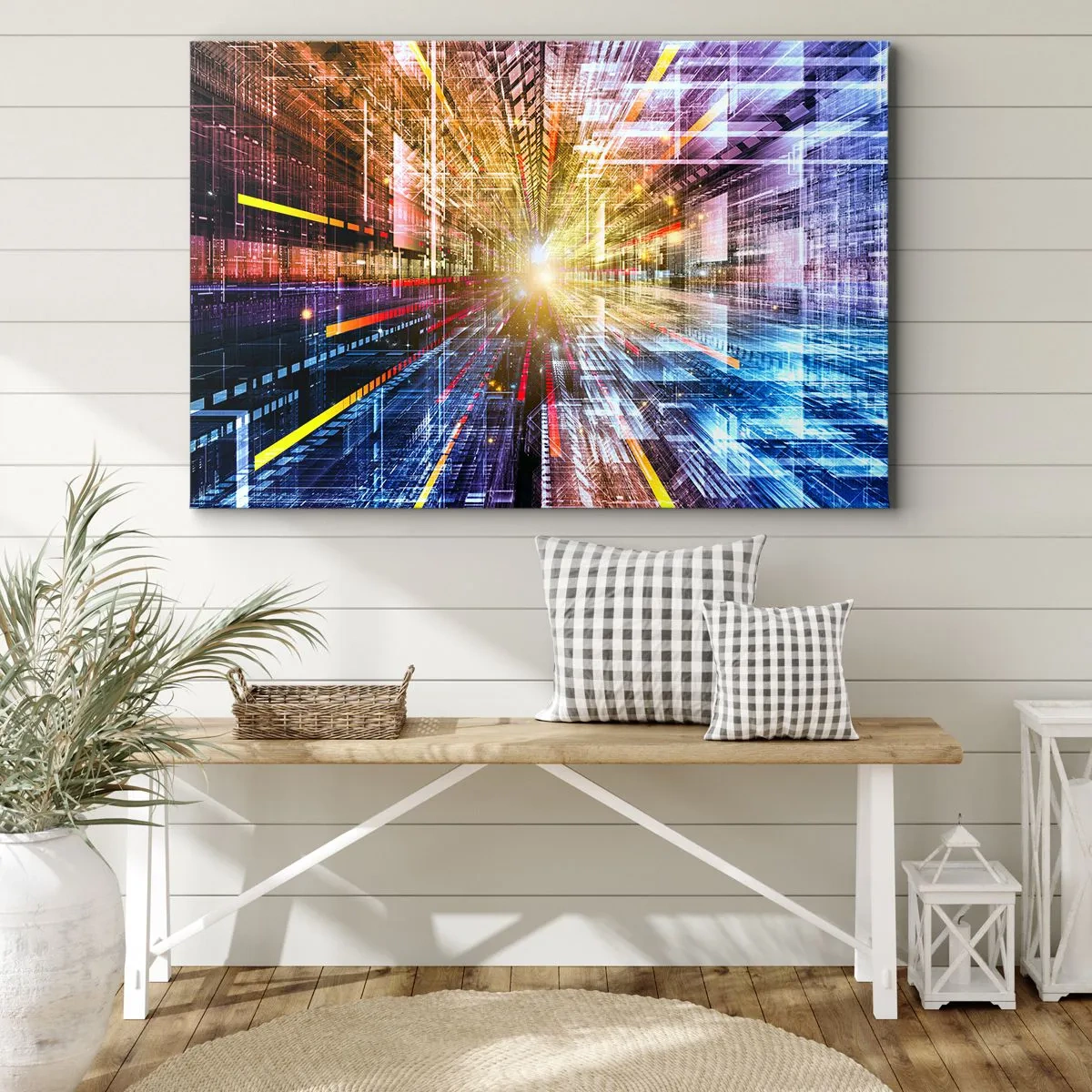 Obraz na plátně - Dynamická světla ve futuristické chodbě - 70x50cm - Osvětlená chodba - Moderní nástěnná dekorace do obývacího pokoje a ložnice ARTTOR