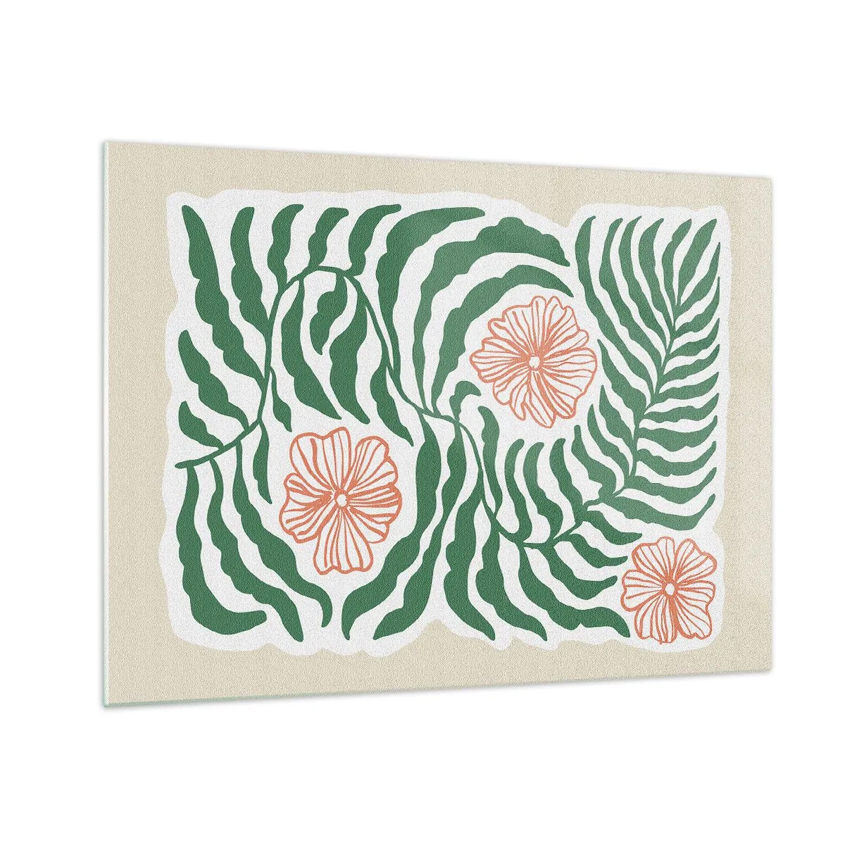 Obraz na skle - Zelené listy a červené květy v grafickém aranžmá - 70x50cm - Rozkvetlé v zeleni - Moderní nástěnná dekorace do obývacího pokoje a ložnice ARTTOR
