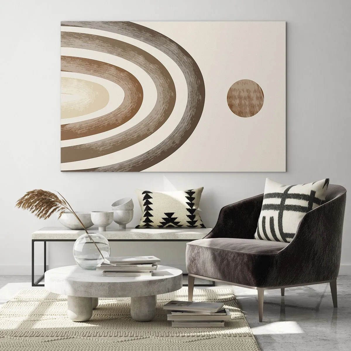 Obraz na skle - Abstraktní pruhy a kruhy v odstínech hnědé - 70x50cm - V předaleké galaxii - Moderní nástěnná dekorace do obývacího pokoje a ložnice ARTTOR
