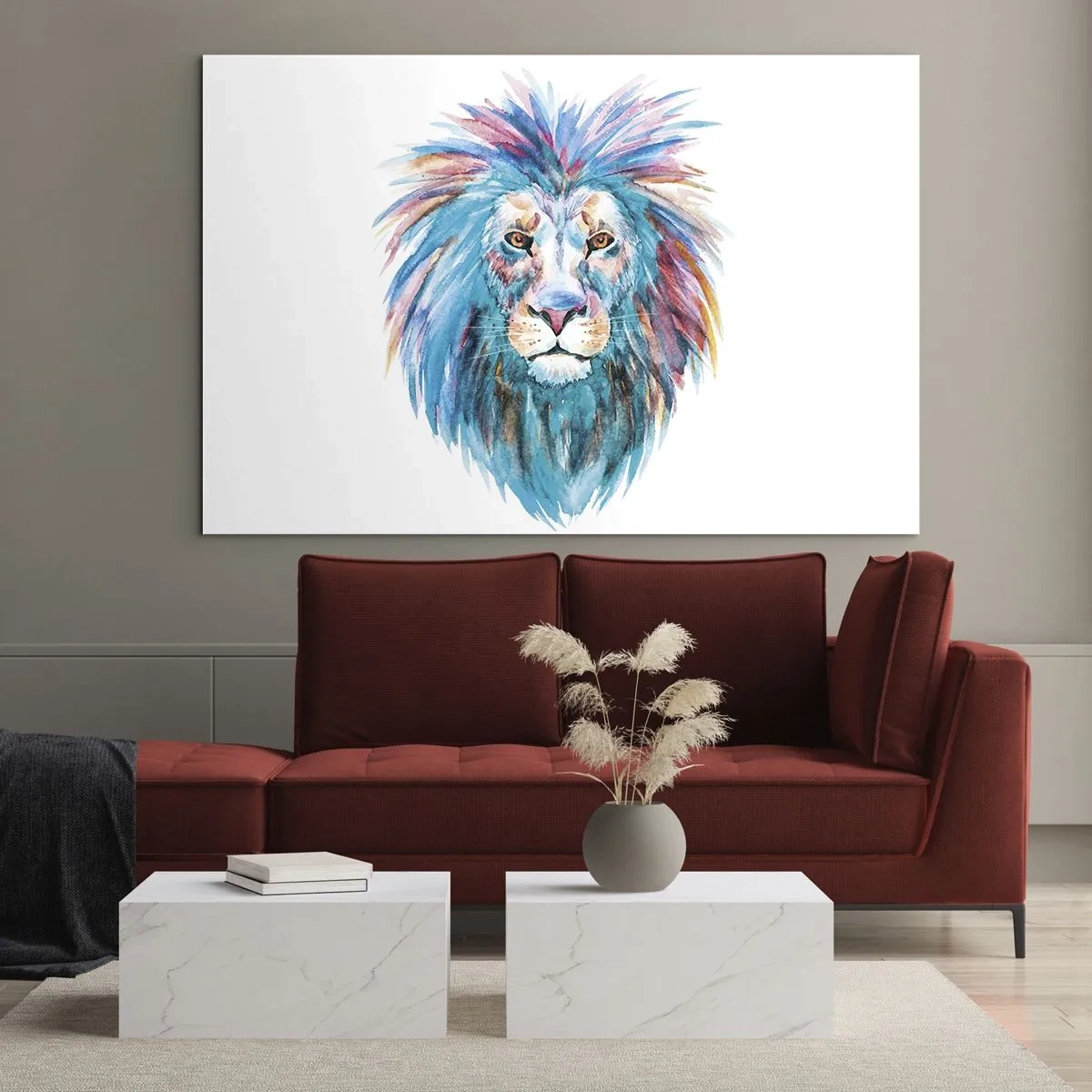 Obraz na skle - Barevný portrét lva v uměleckém stylu - 70x50cm - Elektrizující aura - Moderní nástěnná dekorace do obývacího pokoje a ložnice ARTTOR