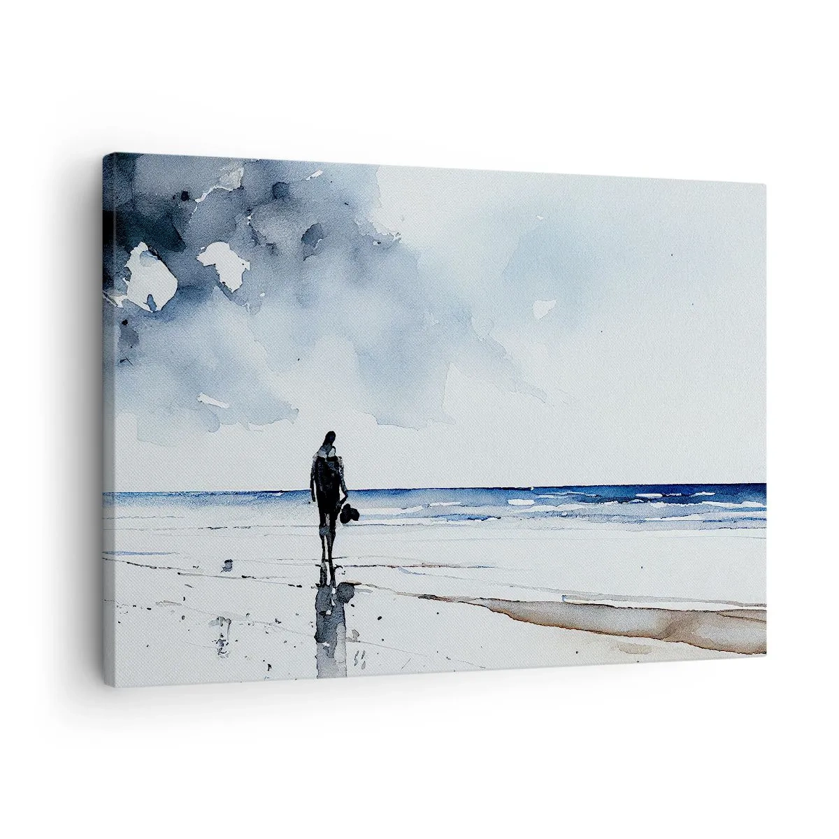 Obraz na plátně - Postava na pláži v klidném mořském prostředí - 70x50cm - Rozhovor s mořem - Moderní nástěnná dekorace do obývacího pokoje a ložnice ARTTOR