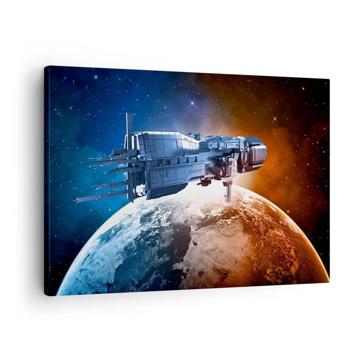 Obraz na plátně - Kosmická loď na pozadí planety ve vesmíru - 70x50cm - Pozorný pozorovatel - Moderní nástěnná dekorace do obývacího pokoje a ložnice ARTTOR