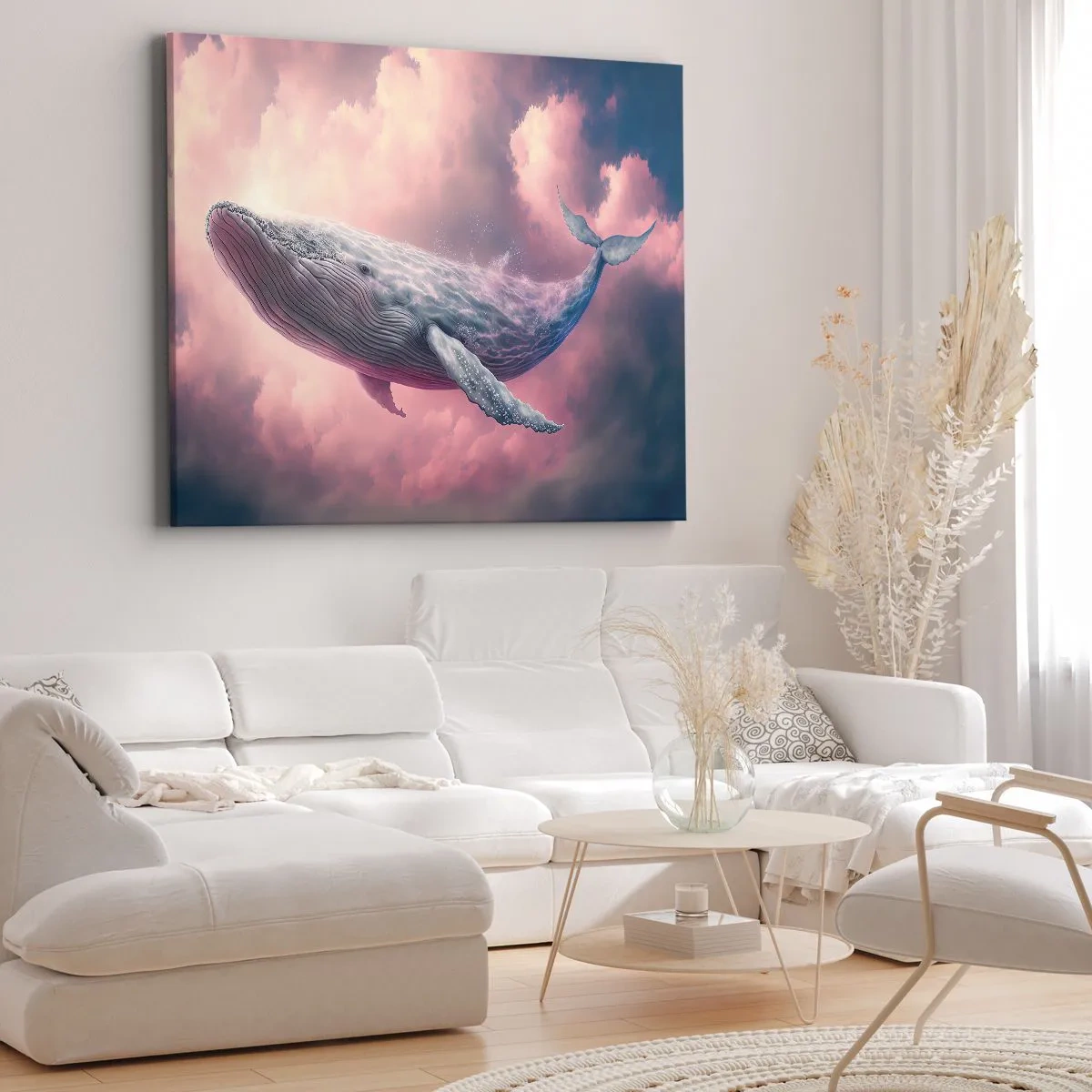 Obraz na plátně - Velryba plující v oblacích při západu slunce - 70x50cm - Otři si oči - Moderní nástěnná dekorace do obývacího pokoje a ložnice ARTTOR