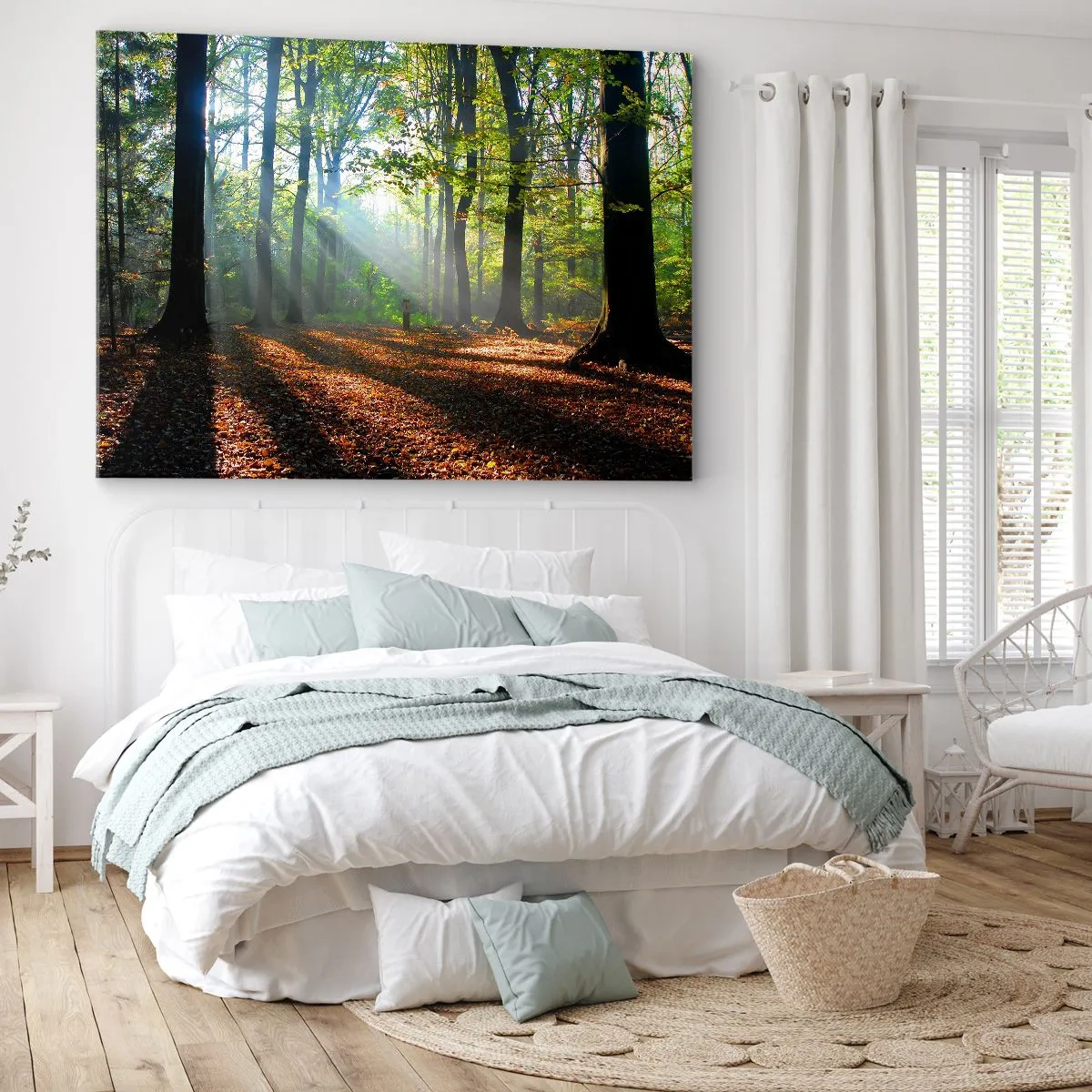 Obraz na plátně - Lesní mýtina ozářená slunečními paprsky - 70x50cm - Světla a stíny - Moderní nástěnná dekorace do obývacího pokoje a ložnice ARTTOR