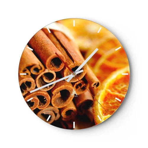 Nástěnné hodiny - Skořicové tyčinky a sušené pomeranče v teplých tónech - 30x30cm - Cítíte jejich aroma? - Moderní nástěnná dekorace do obývacího pokoje, kuchyně a ložnice ARTTOR
