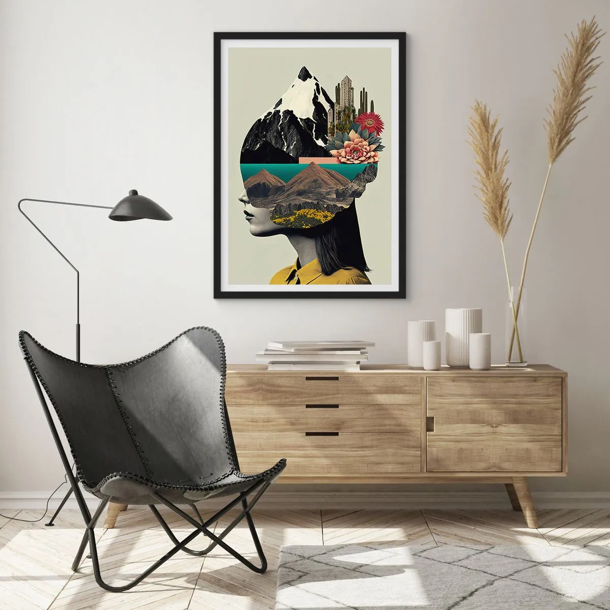 Plakát v černém rámu - Žena se surrealistickou krajinou v hlavě - 50x70cm - Žena – vždy tajemství - Moderní nástěnná dekorace do obývacího pokoje a ložnice ARTTOR