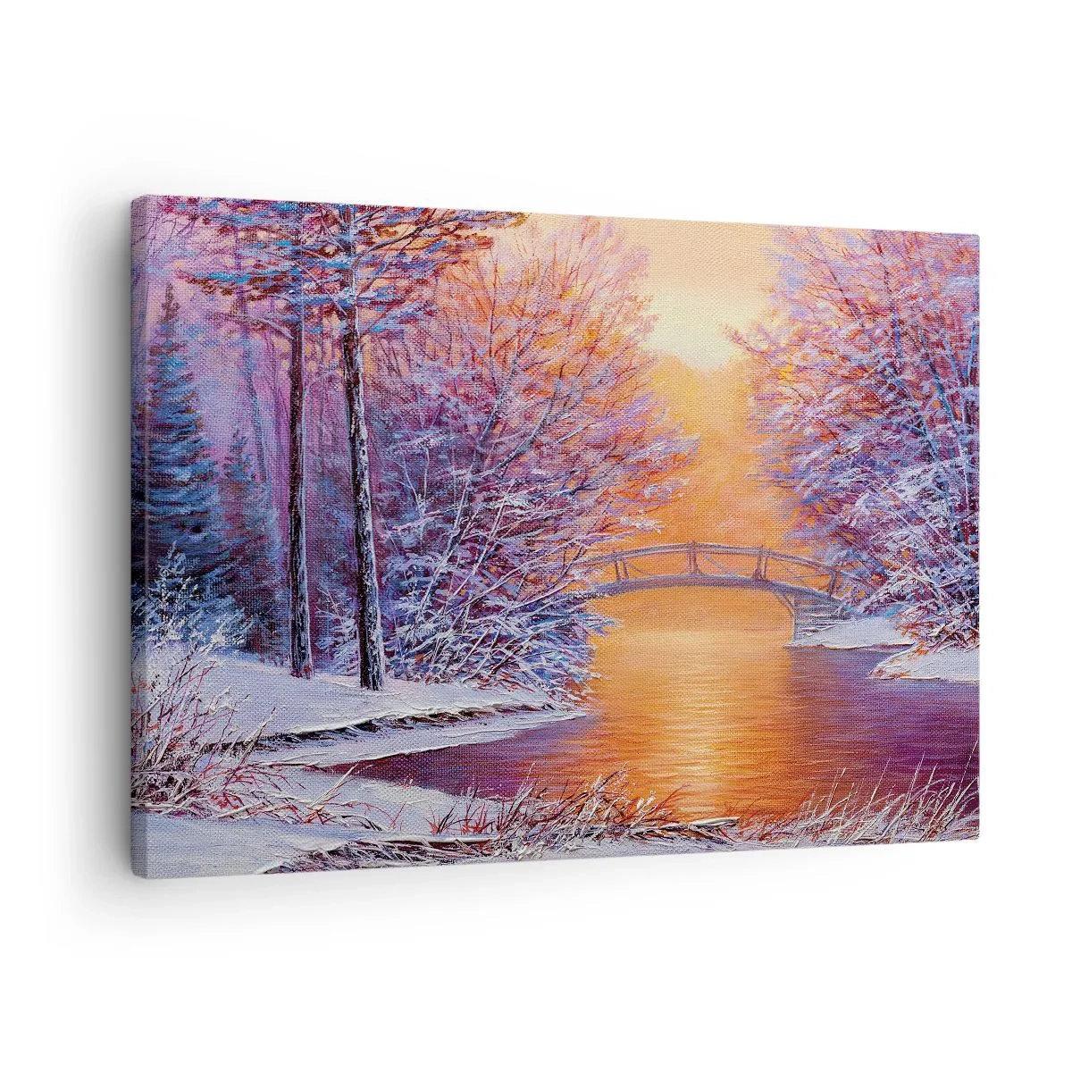 Obraz na plátně - Zimní krajina s mostem a západem slunce - 70x50cm - Sejdeme se zde - Moderní nástěnná dekorace do obývacího pokoje a ložnice ARTTOR