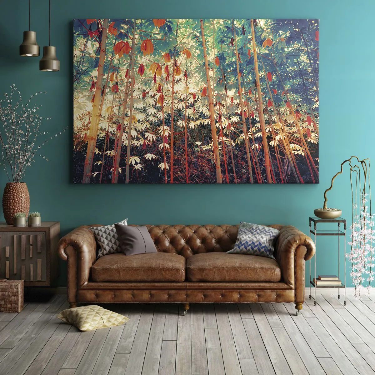Obraz na plátně - Barevný bambusový les s intenzivními barvami - 70x50cm - Tajný život listů - Moderní nástěnná dekorace do obývacího pokoje a ložnice ARTTOR