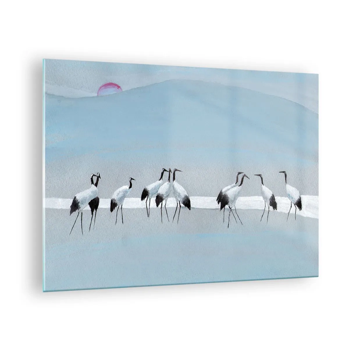 Obraz na skle - Skupina jeřábů na pozadí modrých hor a západu slunce - 70x50cm - Po horkém dni - Moderní nástěnná dekorace do obývacího pokoje a ložnice ARTTOR