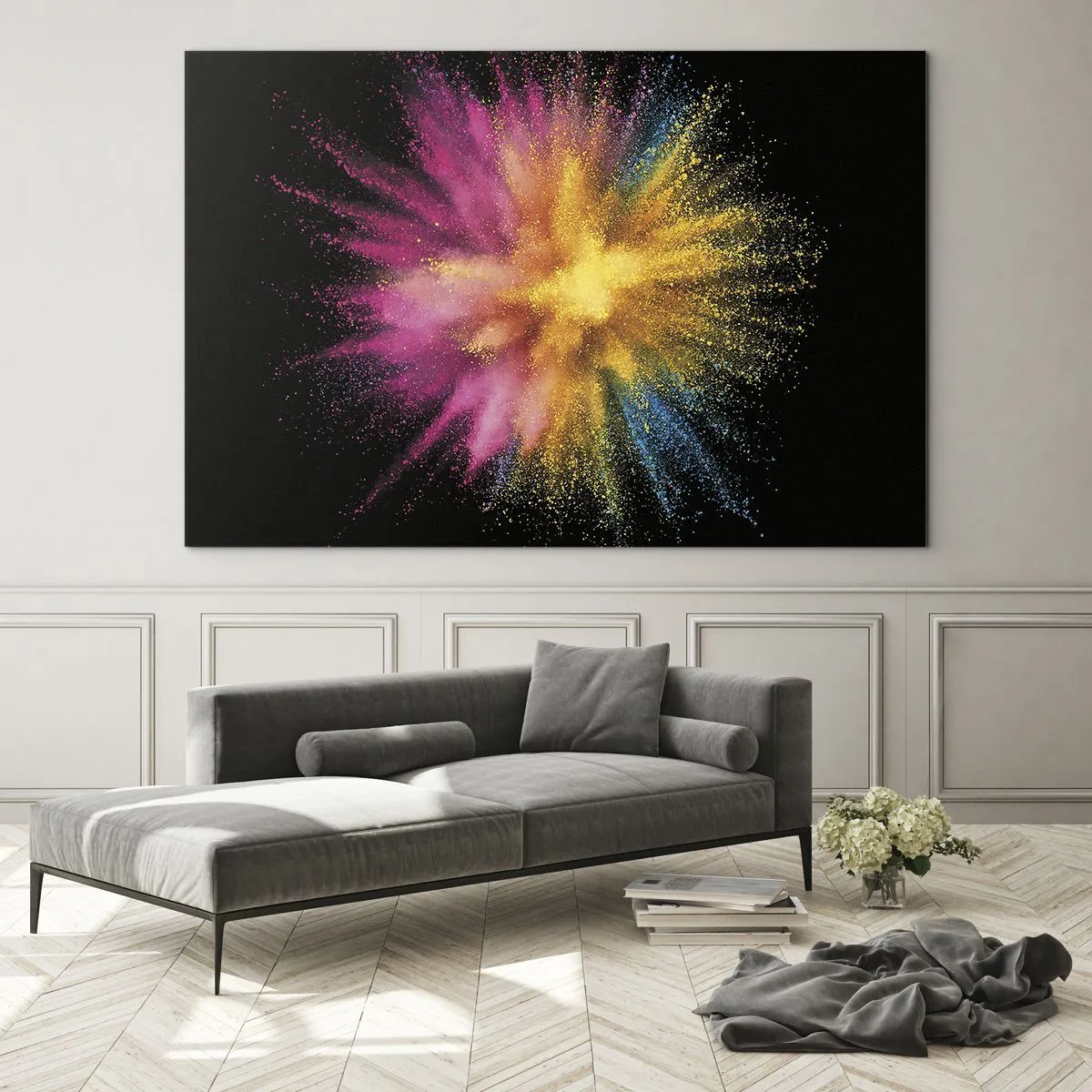 Obraz na skle - Barevný prášek exploze na černém pozadí - 70x50cm - Zrození barev - Moderní nástěnná dekorace do obývacího pokoje a ložnice ARTTOR