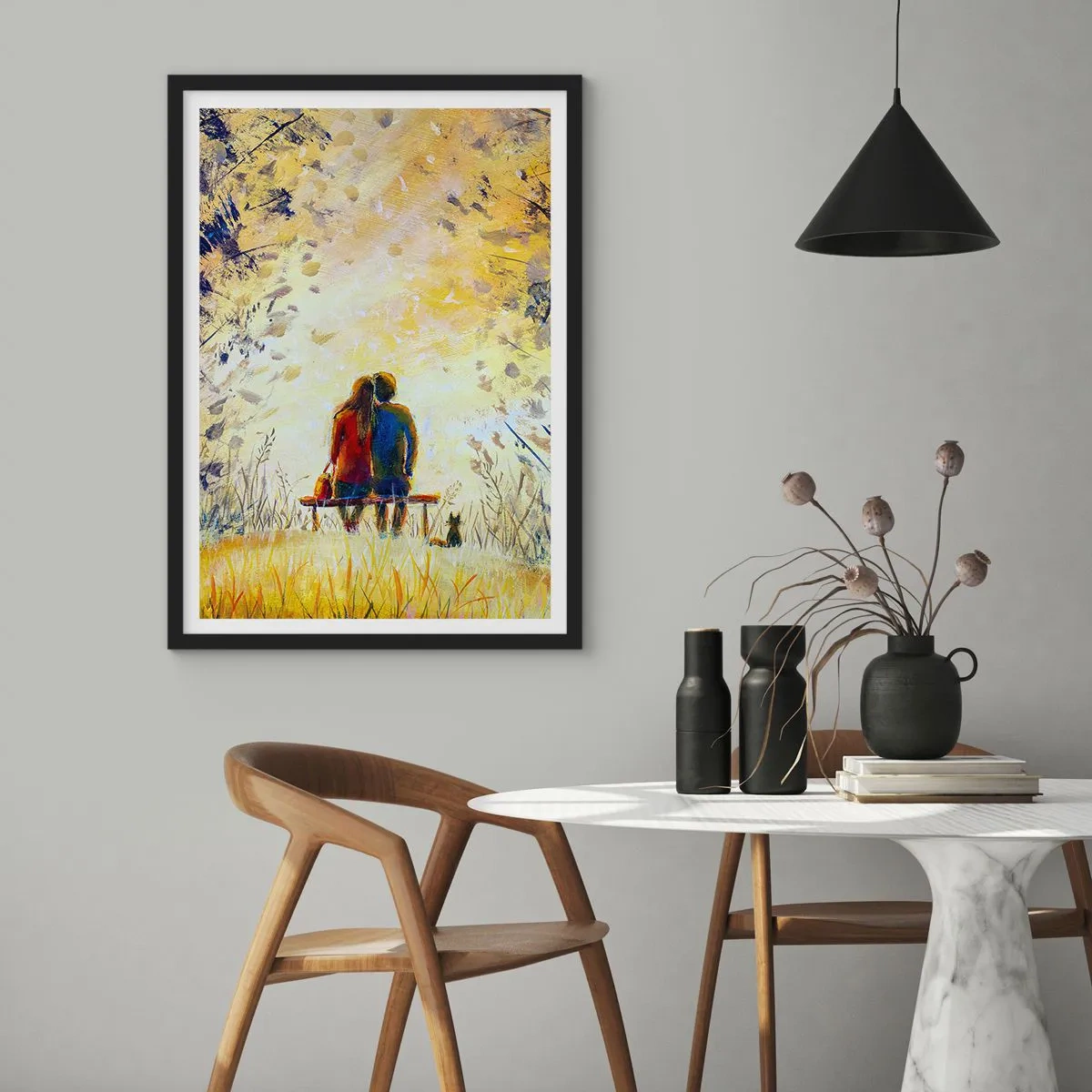 Plakát v černém rámu - Pár sedící na lavičce uprostřed podzimních barev při západu slunce - 50x70cm - Magický okamžik - Moderní nástěnná dekorace do obývacího pokoje a ložnice ARTTOR