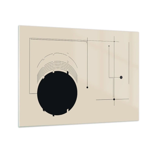Obraz na skle - Abstraktní kompozice s černým kruhem a geometrickými čarami - 70x50cm - Pružná a dynamická kompozice - Moderní nástěnná dekorace do obývacího pokoje a ložnice ARTTOR
