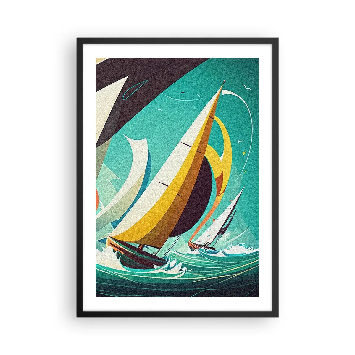 Plakát v černém rámu - Abstraktní plachetní regata na rozbouřeném moři - 50x70cm - Jak vycházet s živly - Moderní nástěnná dekorace do obývacího pokoje a ložnice ARTTOR