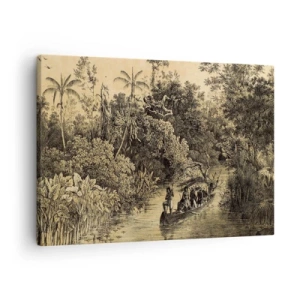 Obraz na plátně - Kresba džungle s lodí na řece - 70x50cm - Výlet ke zdroji - Moderní nástěnná dekorace do obývacího pokoje a ložnice ARTTOR