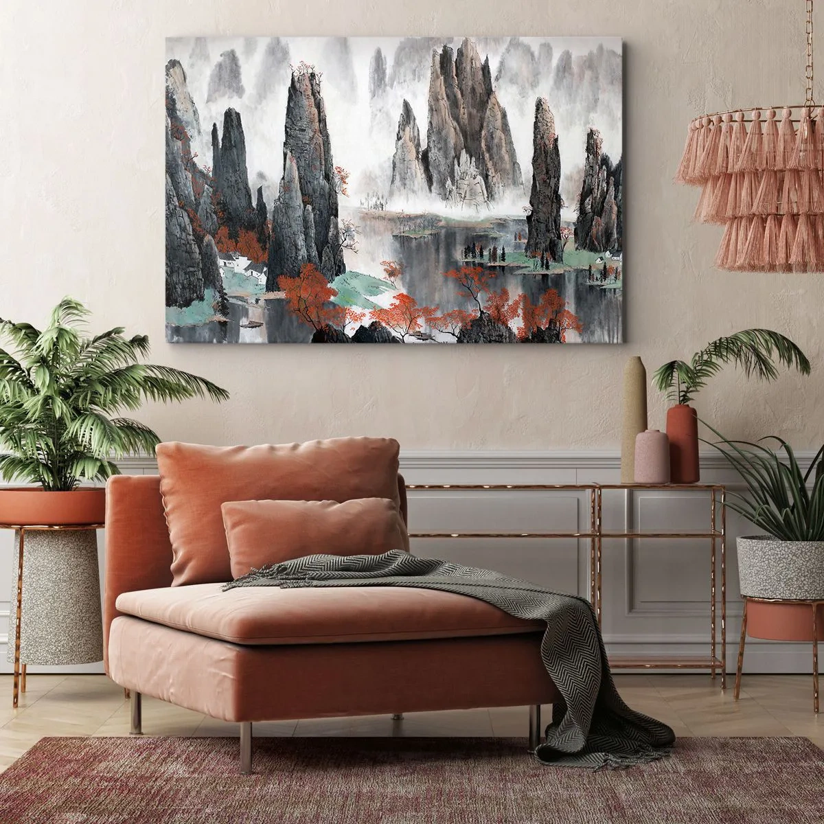 Obraz na plátně - Malebné skály a stromy v mlhavé čínské krajině - 70x50cm - Mocní strážci - Moderní nástěnná dekorace do obývacího pokoje a ložnice ARTTOR