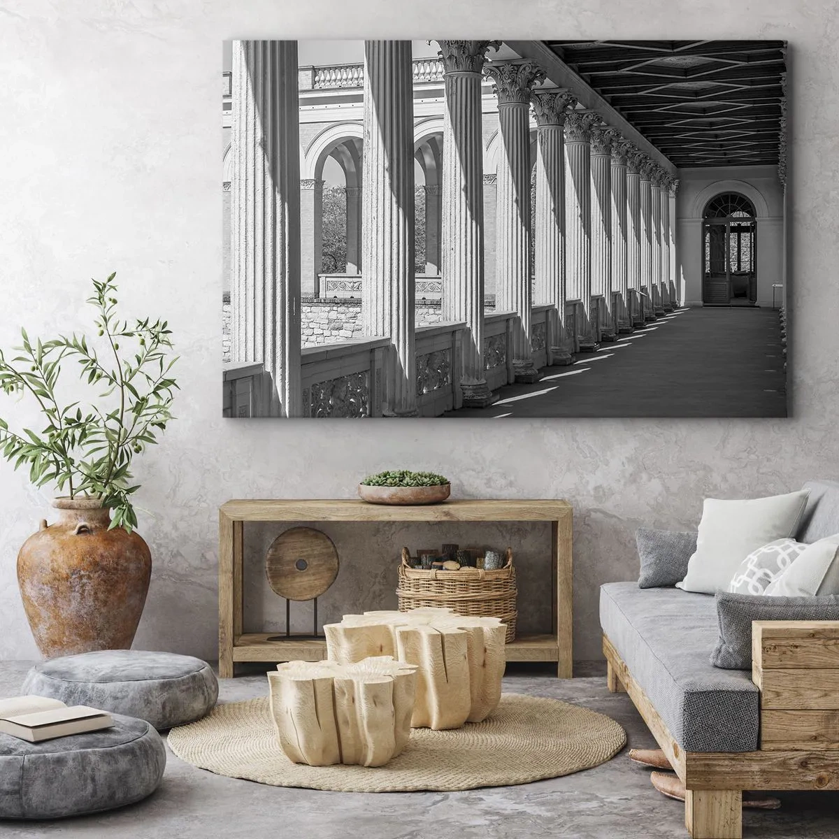 Obraz na plátně - Kolonáda v klasickém stylu v černé a bílé - 70x50cm - Slunná arkáda - Moderní nástěnná dekorace do obývacího pokoje a ložnice ARTTOR