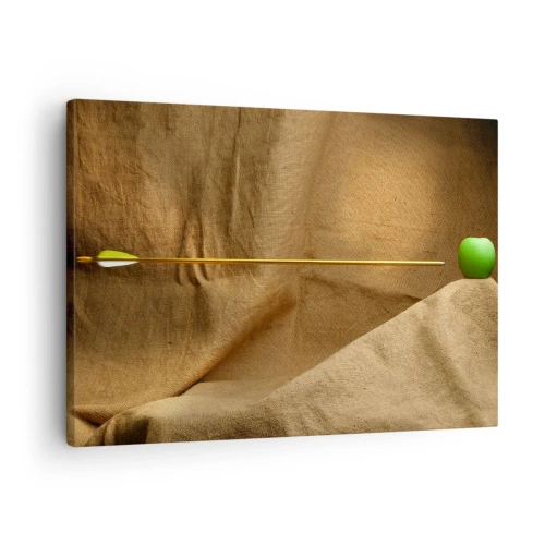 Obraz na plátně - Zelené jablko na látce se šipkou vytvářející kompozici - 70x50cm - Přivolat ducha Wilhelma Tella - Moderní nástěnná dekorace do obývacího pokoje a ložnice ARTTOR