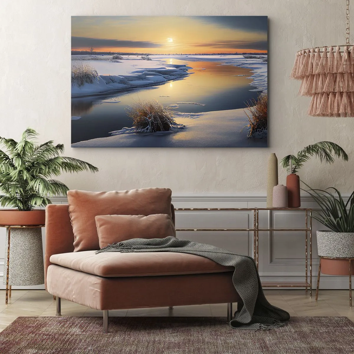 Obraz na plátně - Zimní krajina s řekou při západu slunce - 70x50cm - Zimní západ slunce - Moderní nástěnná dekorace do obývacího pokoje a ložnice ARTTOR