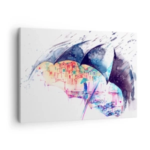 Obraz na plátně - Barevné město skryté pod abstraktními deštníky - 70x50cm - Procházka v dešti - Moderní nástěnná dekorace do obývacího pokoje a ložnice ARTTOR