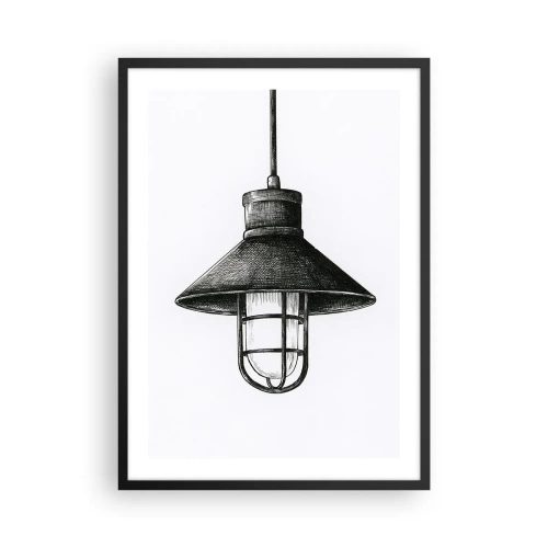 Plakát v černém rámu - Náčrt průmyslové závěsné lampy - 50x70cm - Jako před lety… - Moderní nástěnná dekorace do obývacího pokoje a ložnice ARTTOR