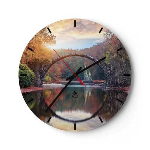 Nástěnné hodiny - Kamenný obloukový most odrážející se ve vodě vytváří kruh - 30x30cm - Za zrcadlem - Moderní nástěnná dekorace do obývacího pokoje, kuchyně a ložnice ARTTOR