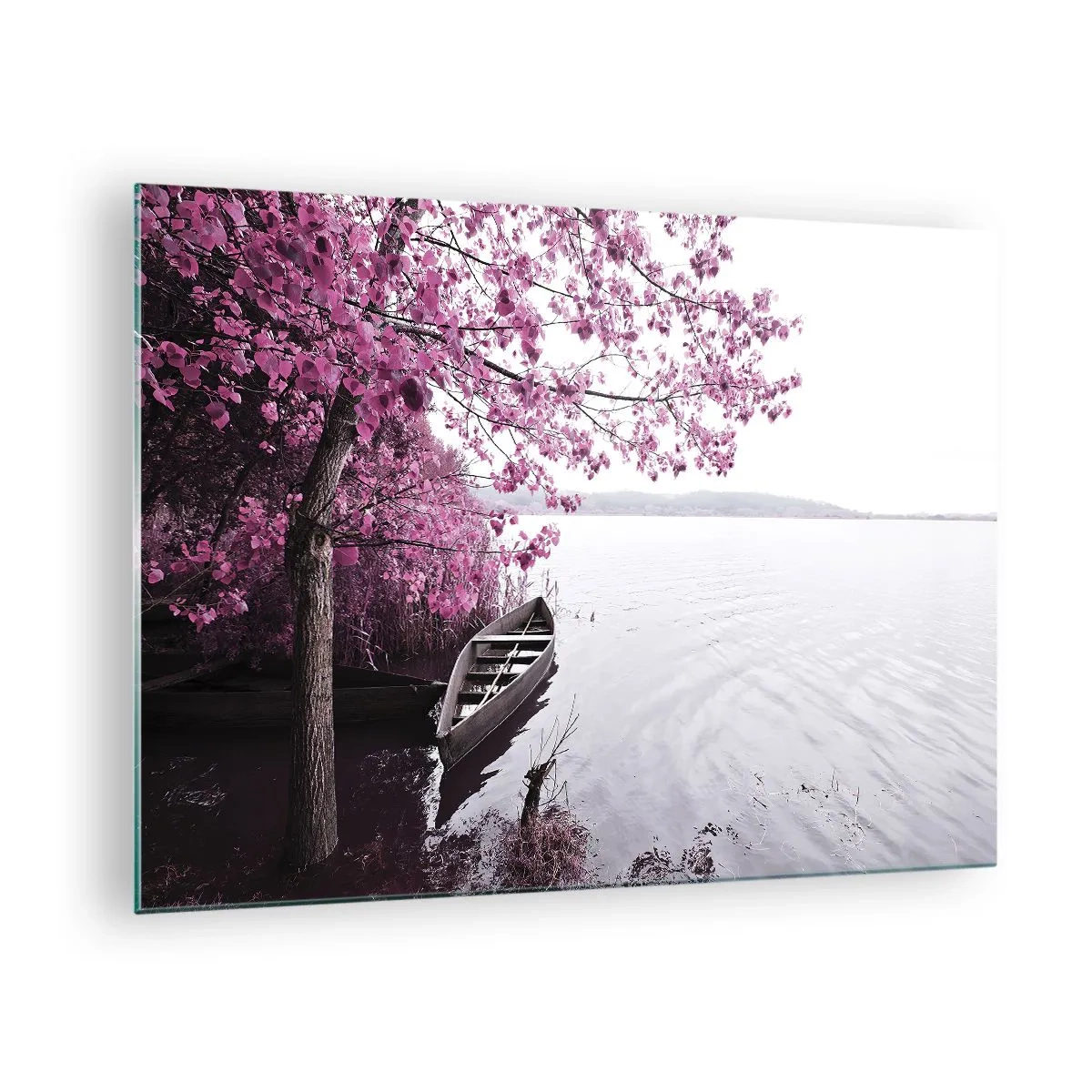 Obraz na skle - Loď u břehu s růžovým stromem nad vodou - 70x50cm - V růžovém tichu - Moderní nástěnná dekorace do obývacího pokoje a ložnice ARTTOR