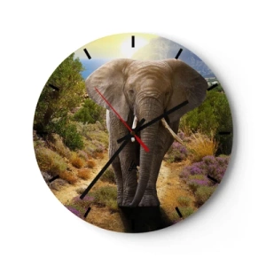 Nástěnné hodiny - Slon v pozadí přírody za slunečného dne - 30x30cm - Tak vypadal Ráj - Moderní nástěnná dekorace do obývacího pokoje, kuchyně a ložnice ARTTOR