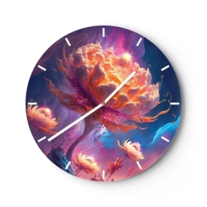 Nástěnné hodiny - Fantastická květina osvětlená v kosmické krajině - 30x30cm - Jiný svět - Moderní nástěnná dekorace do obývacího pokoje, kuchyně a ložnice ARTTOR