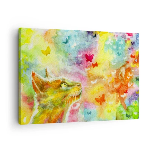 Obraz na plátně - Kočka obklopená barevnými motýly - 70x50cm - Vymýšlí nesmysly v kočičím ráji - Moderní nástěnná dekorace do obývacího pokoje a ložnice ARTTOR
