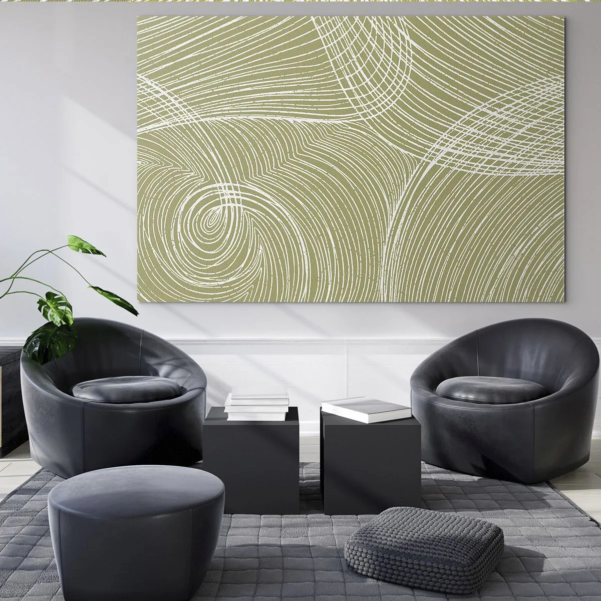 Obraz na skle - Bílé čáry tvoří složitou strukturu na olivově zeleném pozadí. - 70x50cm - Mistrovská abstrakce v bílé - Moderní nástěnná dekorace do obývacího pokoje a ložnice ARTTOR