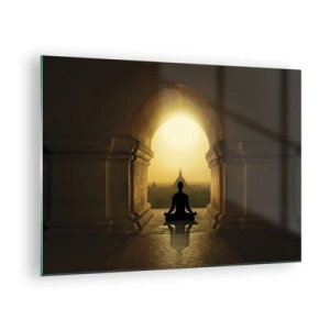 Obraz na skle - Silueta meditující osoby ve světle zapadajícího slunce v architektonickém oblouku - 70x50cm - Plná harmonie - Moderní nástěnná dekorace do obývacího pokoje a ložnice ARTTOR