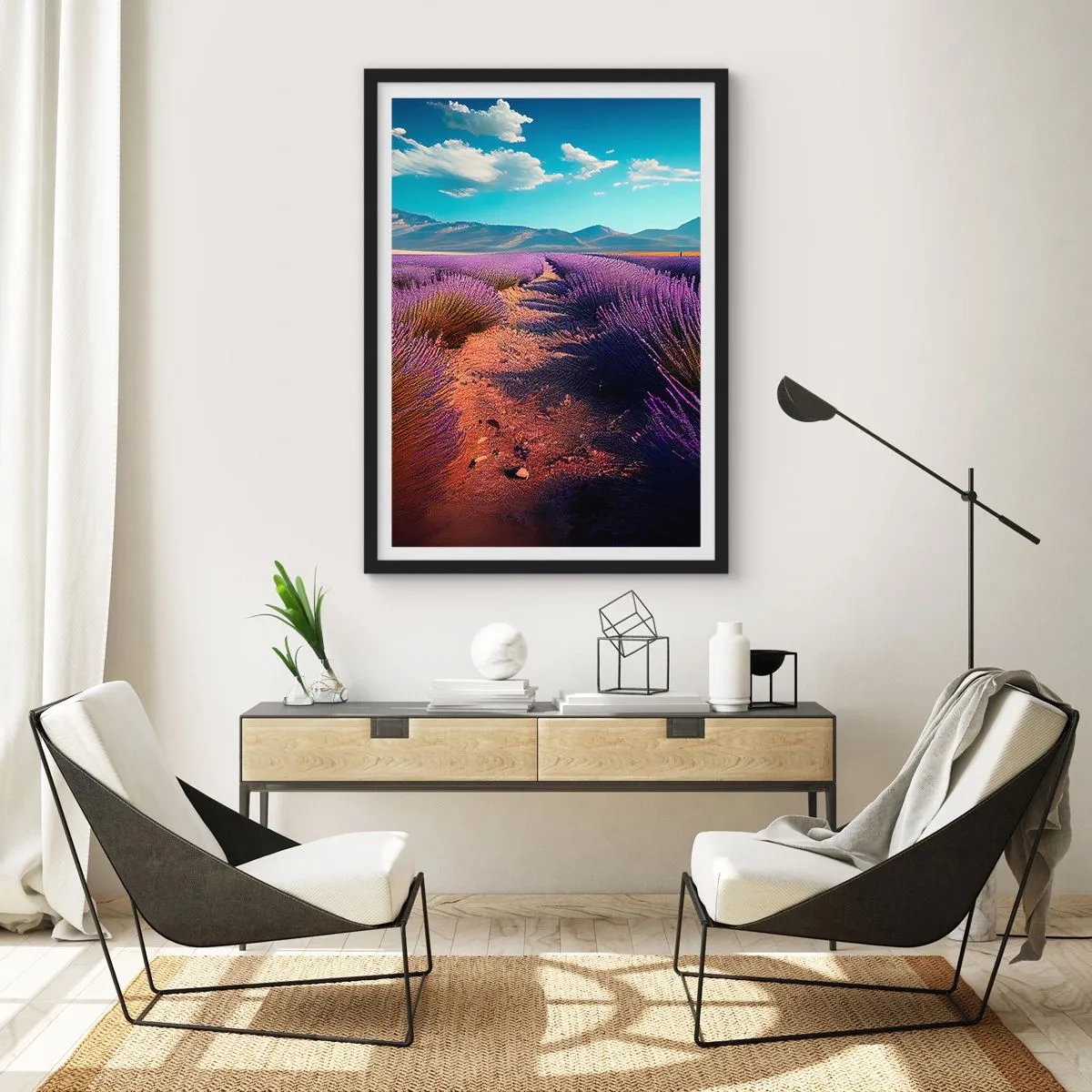 Plakát v černém rámu - Levandulové pole při západu slunce s horskou krajinou v pozadí - 50x70cm - Voňavá pole - Moderní nástěnná dekorace do obývacího pokoje a ložnice ARTTOR