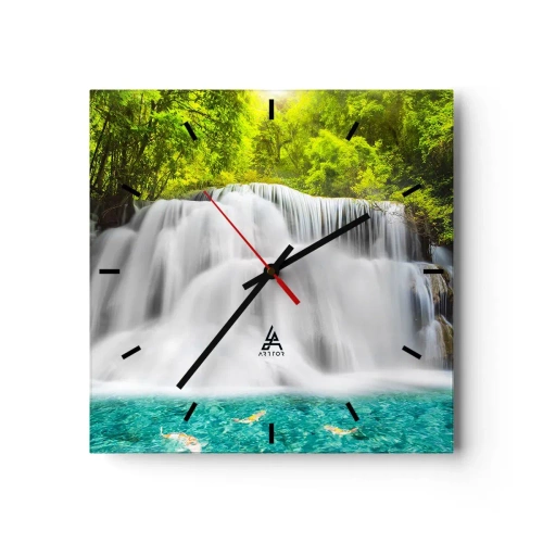 Nástěnné hodiny - Zpěněným vodopádem od zeleně k modré - 30x30 cm