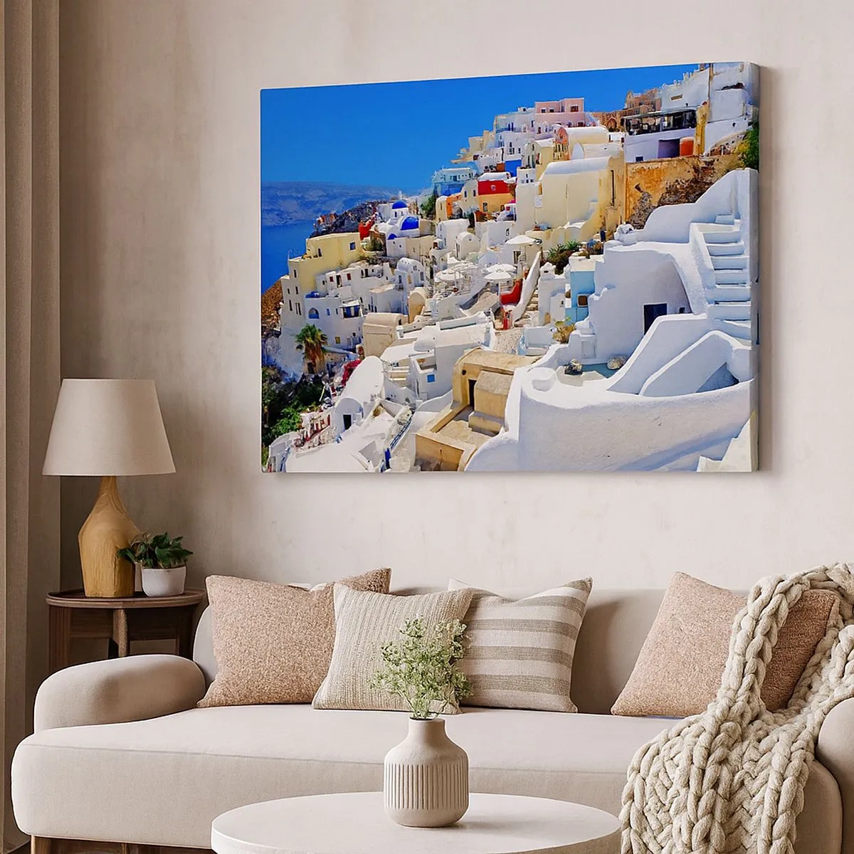 Obraz na plátně - Panorama Santorini s bílými domy a modrou oblohou - 70x50cm - Sen o řeckém létě - Moderní nástěnná dekorace do obývacího pokoje a ložnice ARTTOR