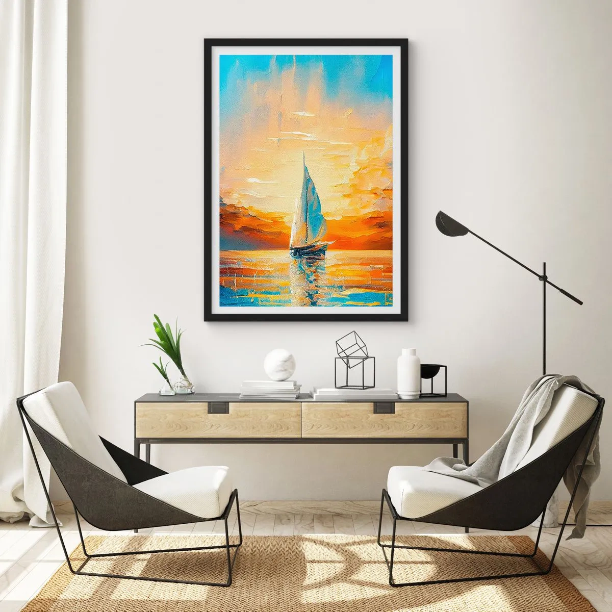 Plakát v černém rámu - Plachetnice na pozadí zlatého západu slunce - 50x70cm - Plavba ve zlatě - Moderní nástěnná dekorace do obývacího pokoje a ložnice ARTTOR