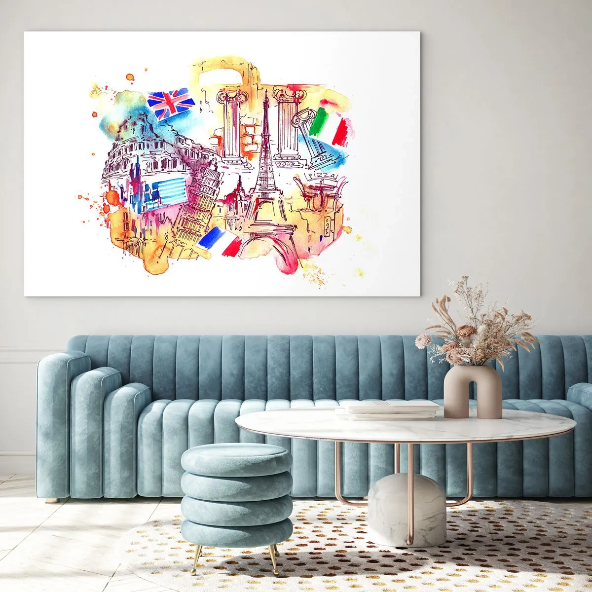 Obraz na skle - Akvarel evropských památek s vlajkami zemí - 70x50cm - Evropské turné - Moderní nástěnná dekorace do obývacího pokoje a ložnice ARTTOR