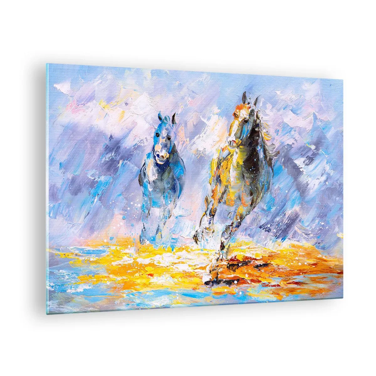 Obraz na skle - Dva koně cválající vodou v uměleckém stylu - 70x50cm - Cválající skrze září - Moderní nástěnná dekorace do obývacího pokoje a ložnice ARTTOR