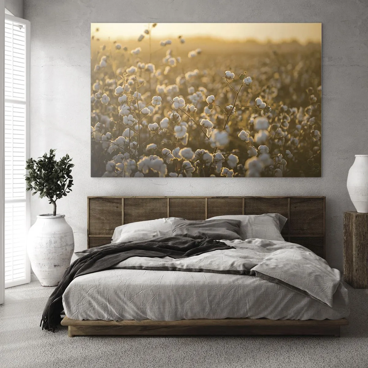 Obraz na skle - Bavlníkové pole při západu slunce - 70x50cm - Chlupaté pole - Moderní nástěnná dekorace do obývacího pokoje a ložnice ARTTOR