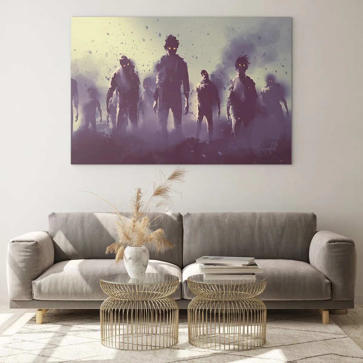 Obraz na skle - Tmavá ilustrace skupiny postav v mlze - 70x50cm - Dávej pozor! Přicházejí - Moderní nástěnná dekorace do obývacího pokoje a ložnice ARTTOR