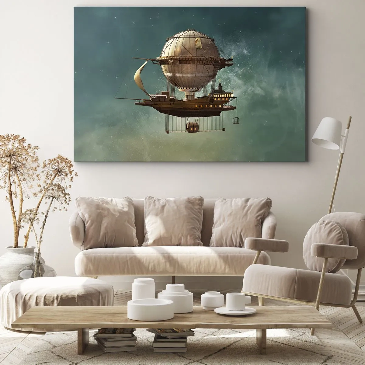 Obraz na plátně - Fantastická vzducholoď proti nazelenalé obloze - 70x50cm - Julius Verne zdraví - Moderní nástěnná dekorace do obývacího pokoje a ložnice ARTTOR