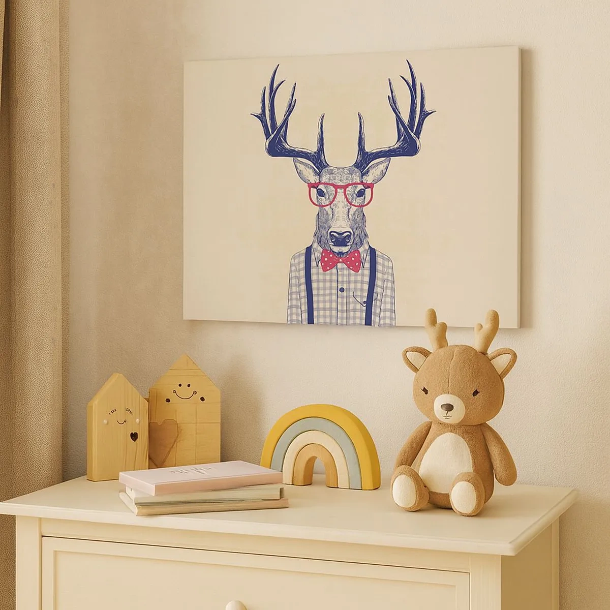 Obraz na plátně - Stylizovaná grafika jelena s brýlemi a motýlkem - 70x50cm - Zábavná extravagance - Moderní nástěnná dekorace do obývacího pokoje a ložnice ARTTOR