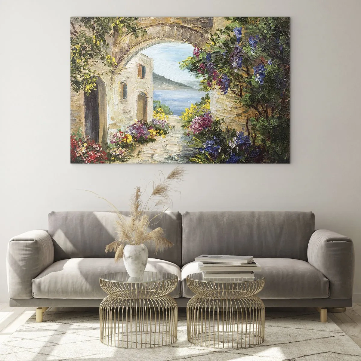 Obraz na skle - Malebná ulice s výhledem na jezero - 70x50cm - Půvab pobřežní krajiny - Moderní nástěnná dekorace do obývacího pokoje a ložnice ARTTOR
