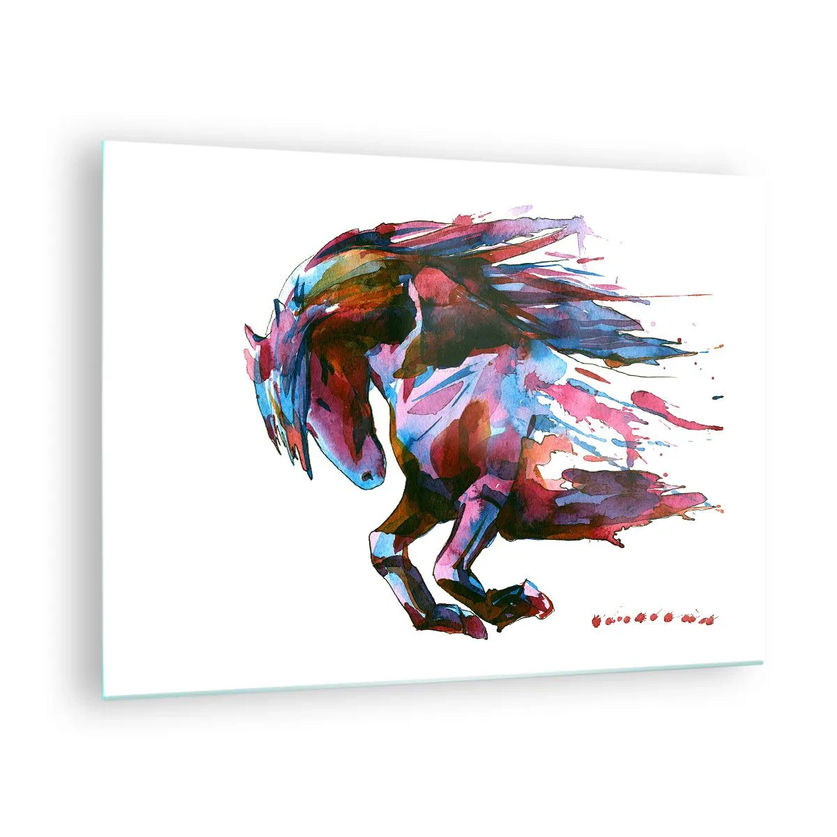 Obraz na skle - Abstraktní kůň v dynamické barevné kompozici - 70x50cm - U vytržení - Moderní nástěnná dekorace do obývacího pokoje a ložnice ARTTOR