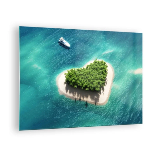 Obraz na skle - Ilustrace ostrova ve tvaru srdce s lodí na pozadí tyrkysového moře - 70x50cm - Miluji léto - Moderní nástěnná dekorace do obývacího pokoje a ložnice ARTTOR