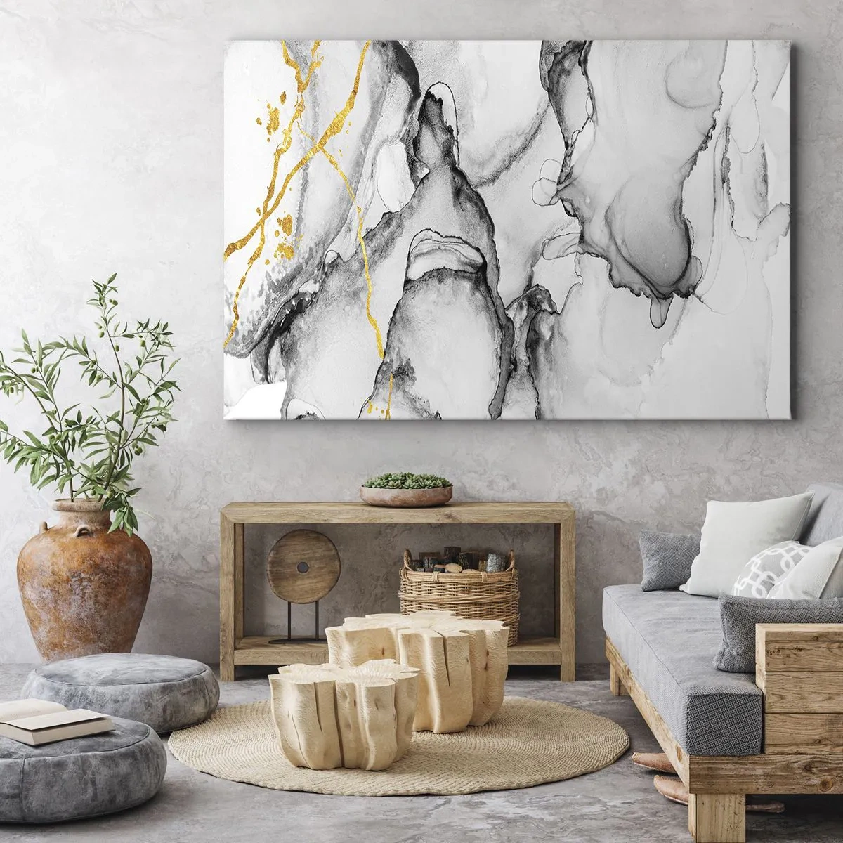 Obraz na plátně - Abstraktní černobílé vzory se zlatými akcenty - 70x50cm - Kompozice se zlatým motivem - Moderní nástěnná dekorace do obývacího pokoje a ložnice ARTTOR