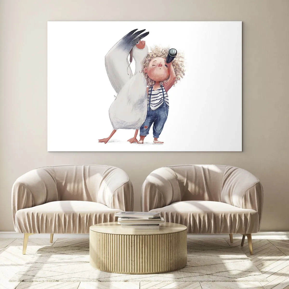 Obraz na skle - Dítě s dalekohledem a čáp v zábavném stylu ilustrace - 70x50cm - Plán na skvělou cestu - Moderní nástěnná dekorace do obývacího pokoje a ložnice ARTTOR