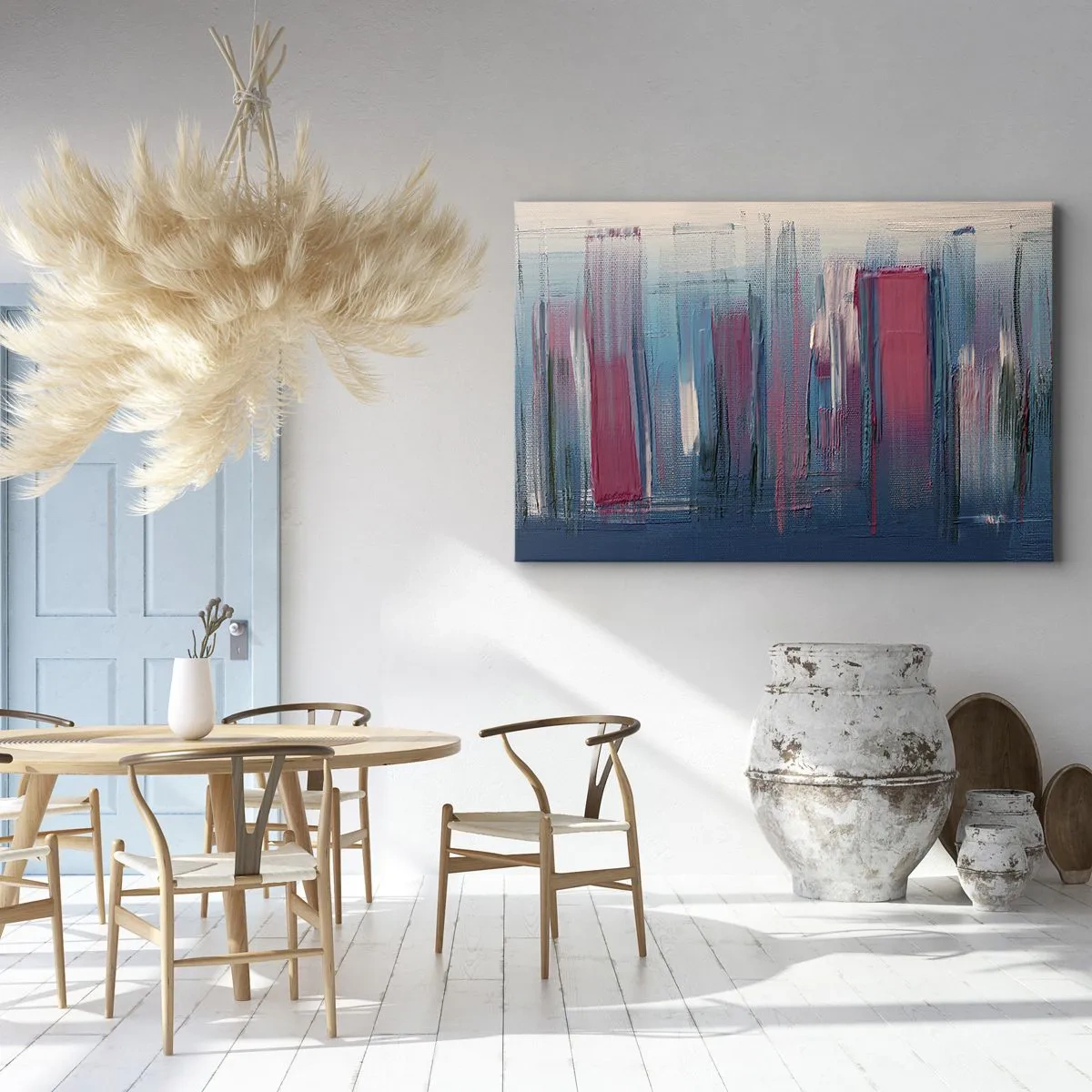 Obraz na plátně - Abstraktní vertikální tvary v odstínech modré a červené - 70x50cm - Vertikální kompozice v modré a červené - Moderní nástěnná dekorace do obývacího pokoje a ložnice ARTTOR